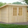 Rechteckiges, naturbelassenes Alpholz Gartenhaus Maria-28 mit Doppeltür und Pultdach.