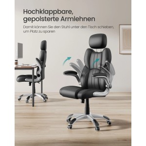 Schwarzer Songmics Gaming-Stuhl Stevon mit hochklappbaren Armlehnen und Wippfunktion.
