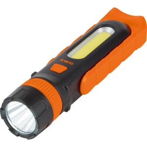 Schwarze OBI Arbeitsleuchte COB-LED mit orangenen Akzenten. Taschenlampe für Werkstatt und PKW.