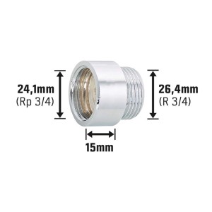 Verchromte Hahnverlängerung aus Messing, 24,1 mm x 26,4 mm, 15 mm Verlängerung für Gewindefittings.