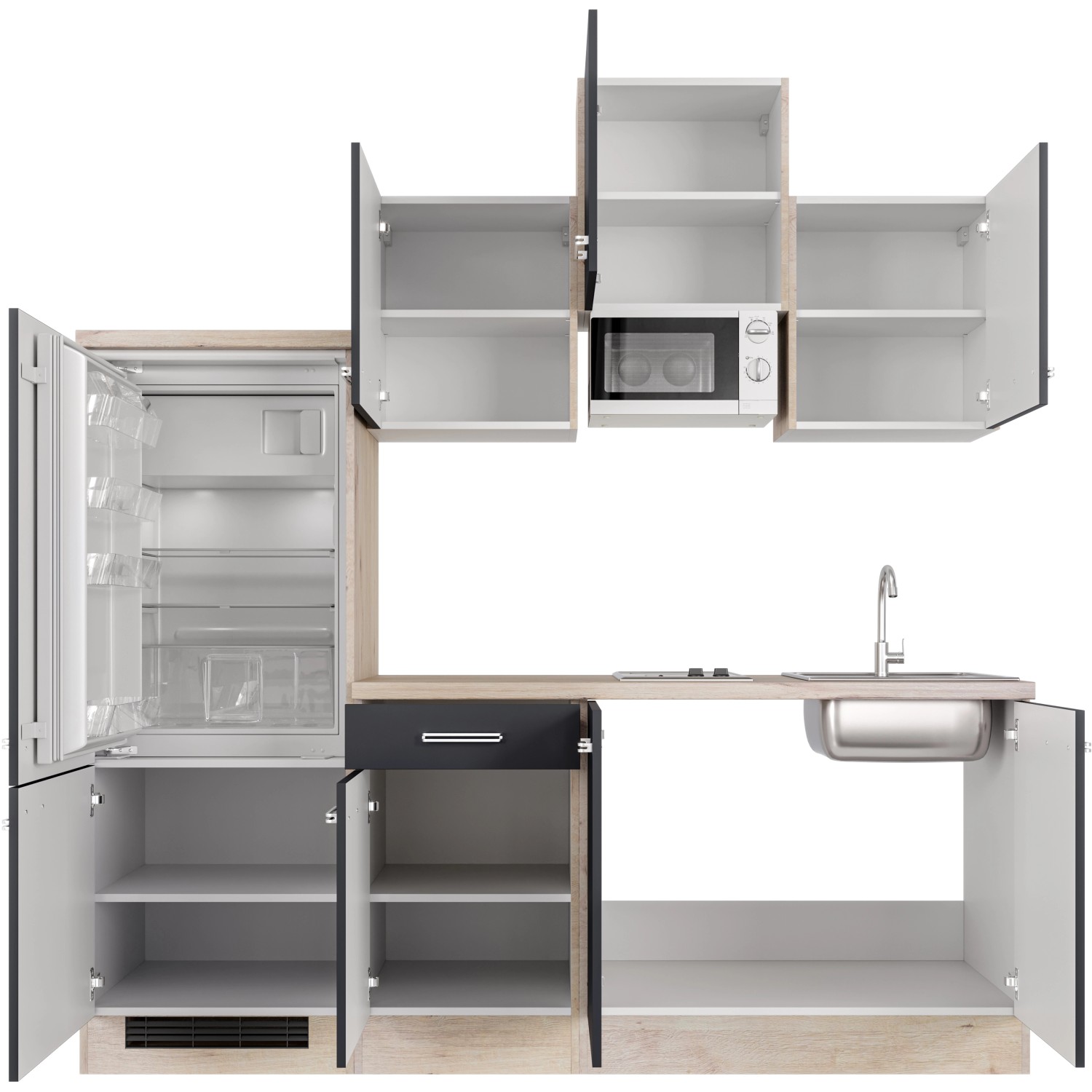 Flex-Well Küchenzeile Lara 210 cm in Anthrazit/San Remo Eiche mit E-Geräten wie Kühlschrank und Mikrowelle.