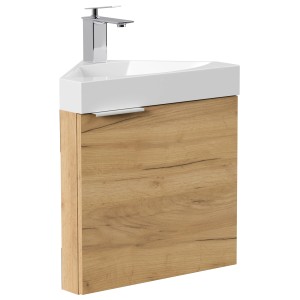 Posseik Eckbadmöbel Delta Slimline in Eiche Gold mit Mineralgusswaschbecken und SoftClose Funktion.