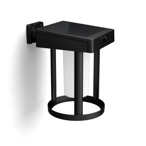 Matte, runde Philips Solar-Wandleuchte Camill mit Solarpanel und schwarzem Metallrahmen.