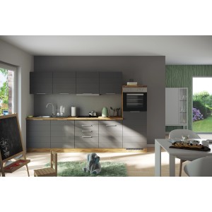 Moderne Küchenzeile in Grau- und Wotaneiche-Optik mit E-Geräten. Die Held Möbel Küchenzeile ist 300 cm breit.