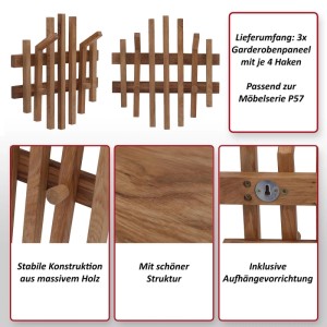 MCA 3er-Set Garderobenpaneel P57 aus Eiche Massivholz mit je 4 Haken.