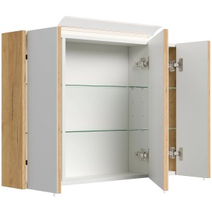 Posseik Spiegelschrank 90 cm Eiche Gold mit LED-Lampe und Glasböden, offene Türen.