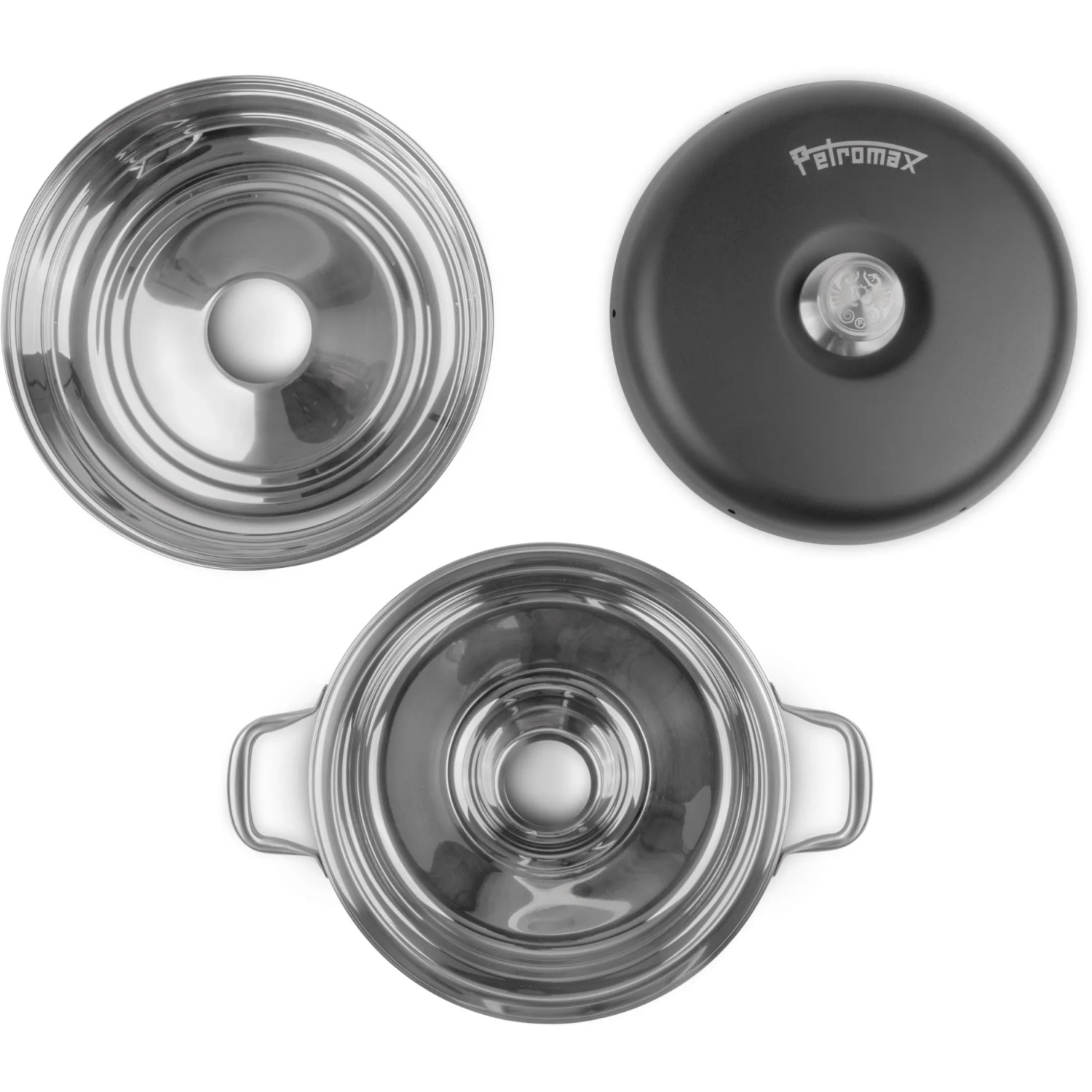 Petromax Camping Backofen aus Edelstahl, bestehend aus Deckel, Ringform und Basis. Grillutensil für Outdoor-Küche.