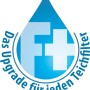 Logo Heissner F-PLUS Leistungssteigerer für Teichfilter, blaue Wassertropfenform mit Aufschrift.