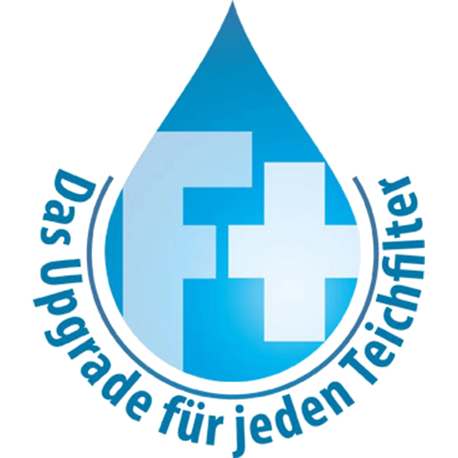 Logo Heissner F-PLUS Leistungssteigerer für Teichfilter, blaue Wassertropfenform mit Aufschrift.