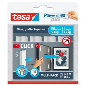 Tesa Powerstrips Click Combo Packung mit Anwendungsbeispiel. Klebenägel für Bilder, Deko, bis 7,2kg, rückstandslos entfernbar.