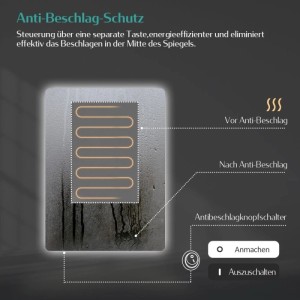Emke Badspiegel mit Anti-Beschlag-Funktion: Ein beschlagener Spiegel mit klarem Mittelbereich und dem zugehörigen Schalter.