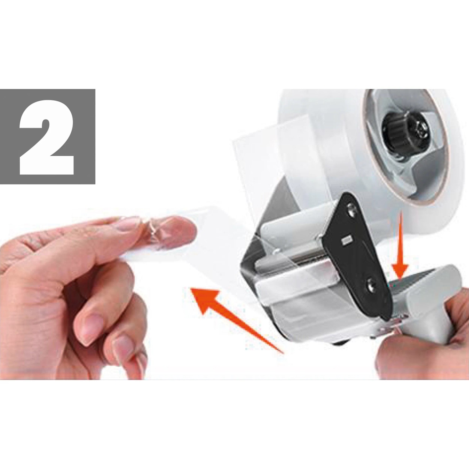 Packbandabroller mit braunem Packband in Anwendung, einfaches Abrollen