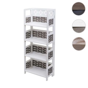 Weißes MCW Regal K86 mit 4 Böden und grauem Polyrattan-Geflecht.