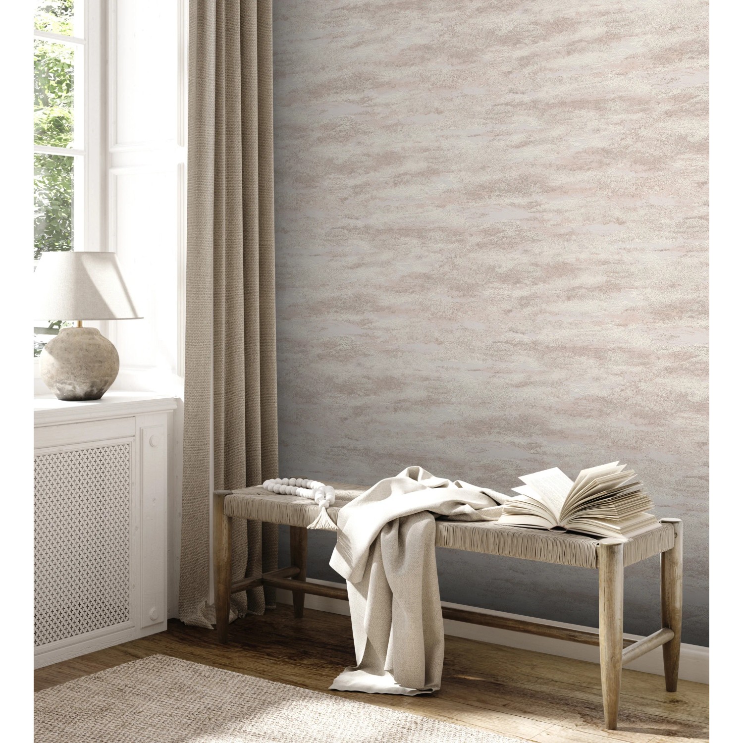 A.S. Création Vliestapete Putzoptik in Weiß und Beige im Raum.