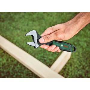 Hand hält Bosch Rollgabelschlüssel (bis 32mm). Ergonomischer Griff, ideal für Heimwerker.