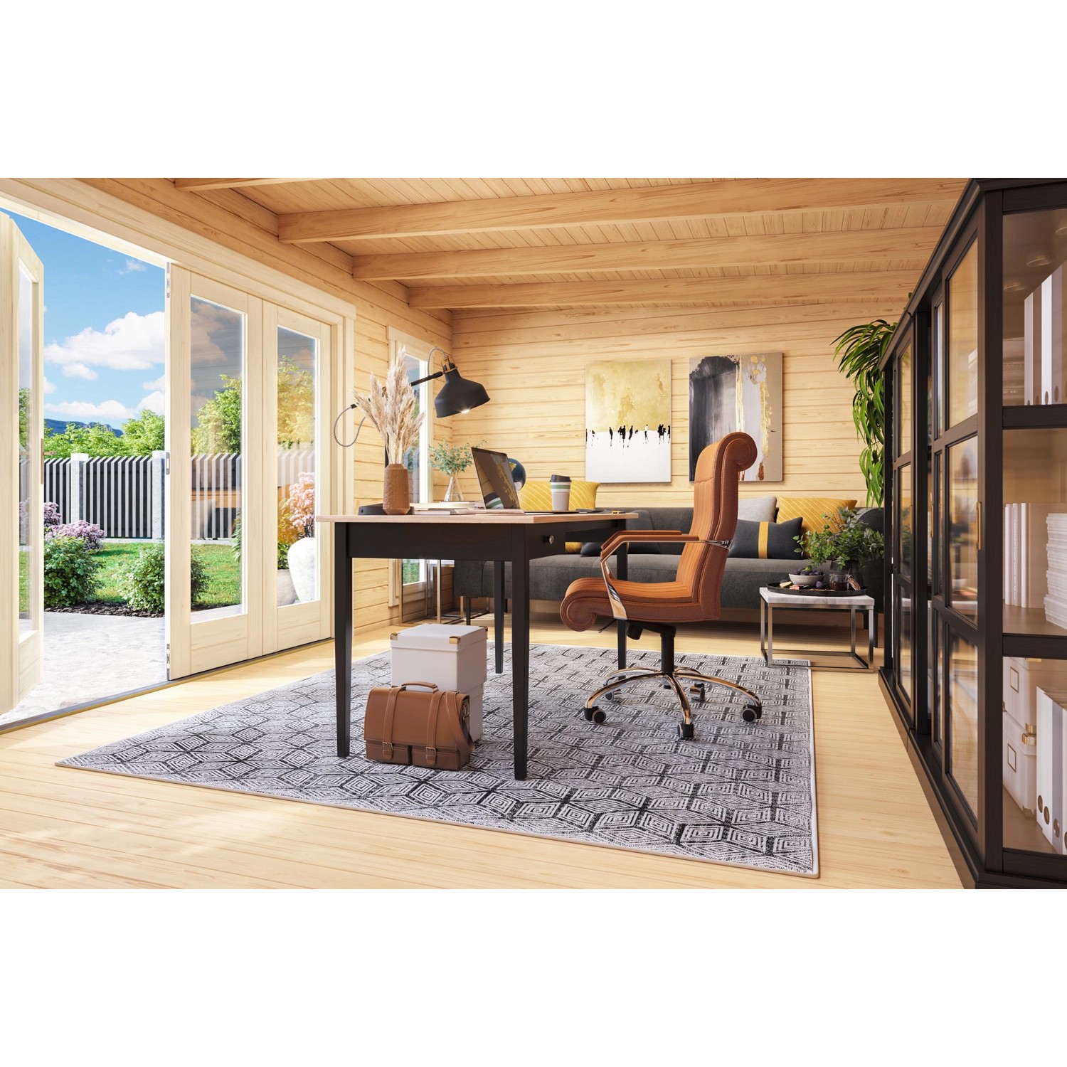 Innenansicht: Lasita Maja Gartenhaus Sussex 2 als Büro mit Möbeln und geöffneter Tür zum Garten.