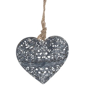 Grauer Deko-Hänger Julia Herz mit filigranen Ornamenten und Jutekordel für Kerzen-Zubehör.