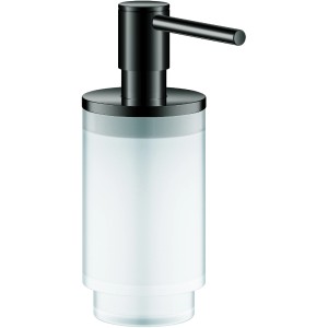 Grohe Selection Seifenspender in Hard Graphite: Glasbehälter mit schwarzem Spenderkopf.