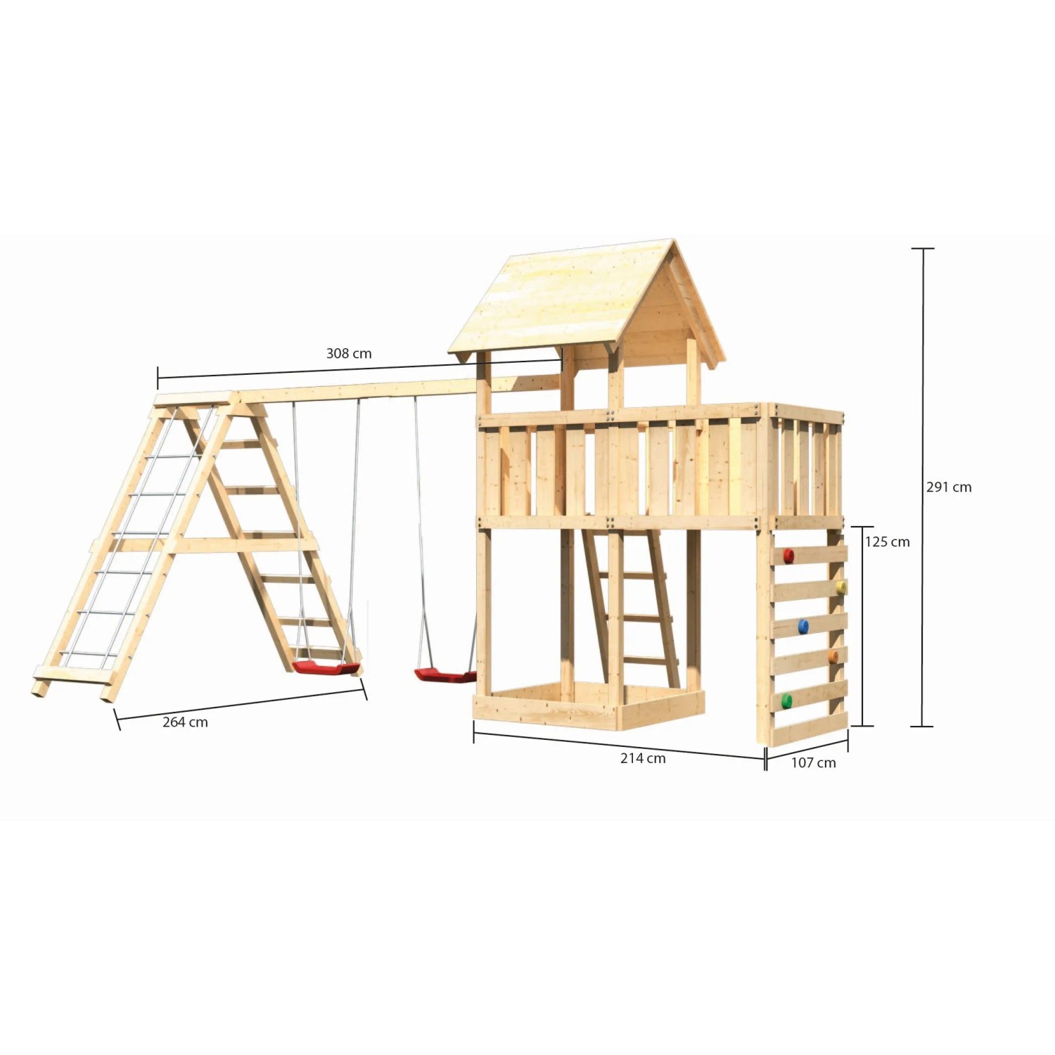 Karibu Spielturm Lotti mit Doppelschaukel, Kletterwand und Anbauplattform aus Holz.