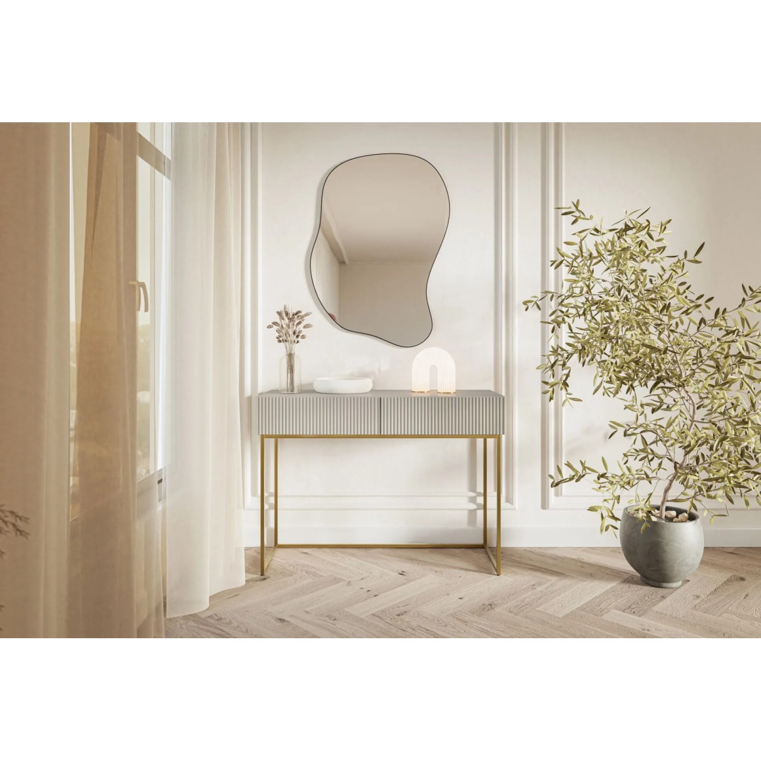Selsey Veldio Schminktisch 110 cm mit Lamellenfront und Zwei Schubladen Greige mit Goldenen Beinen_2