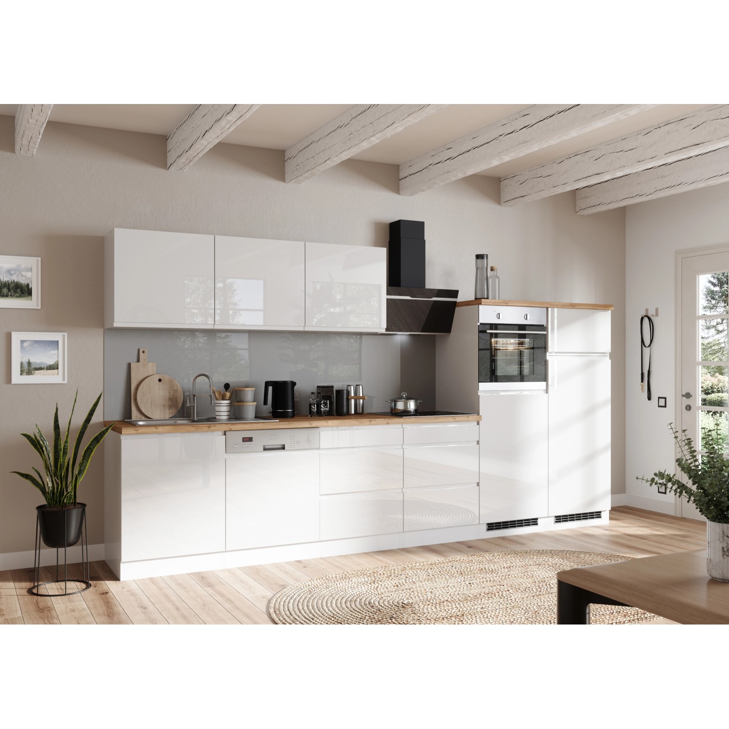 Moderne Küchenzeile Gera 360 cm in Weiß/Wotan ohne E-Geräte von Held Küchen.