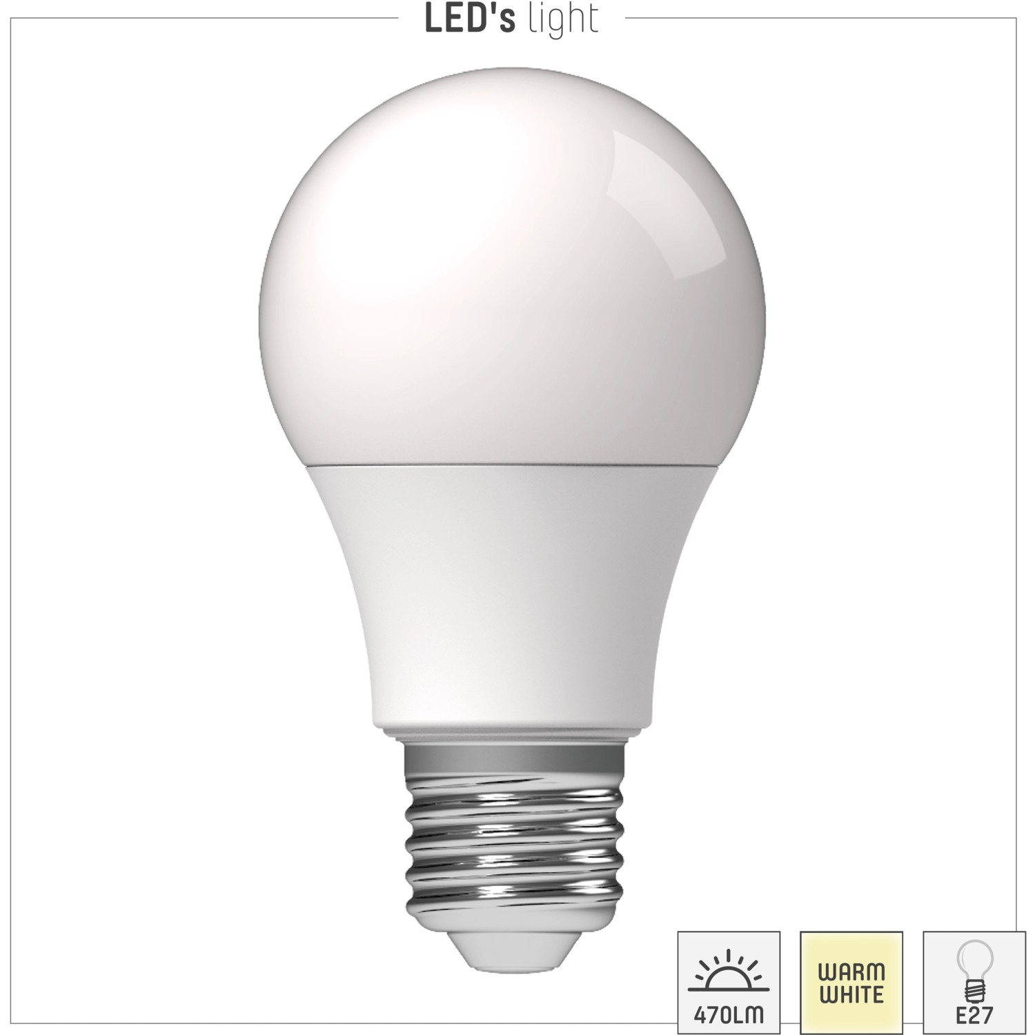 E27 LED-Lampe, klassische A60 Form, 4,9W, 470 Lumen, warmweißes Licht.