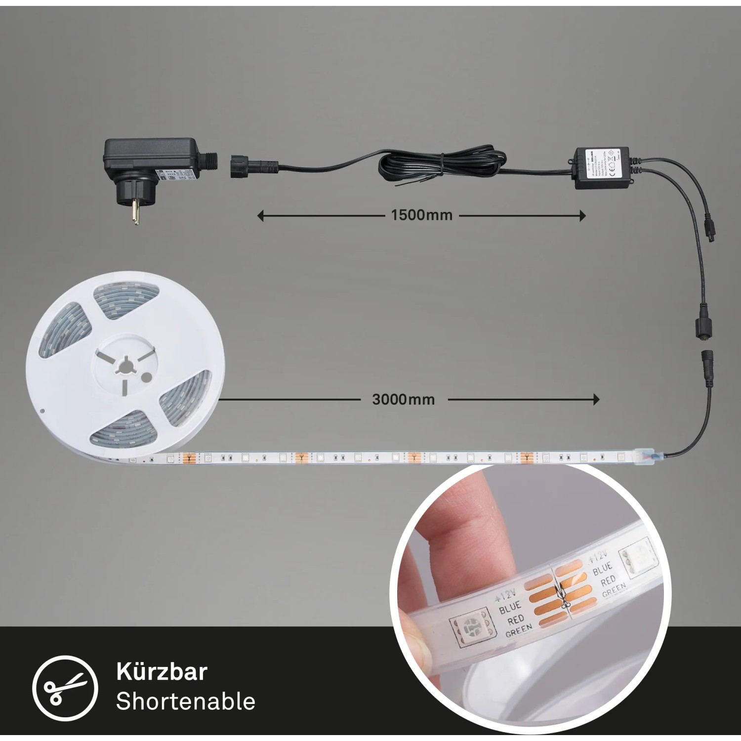 3 m LED-Flexband für Außen, mit Fernbedienung, Farbwechsel und Trafo auf einer Spule.