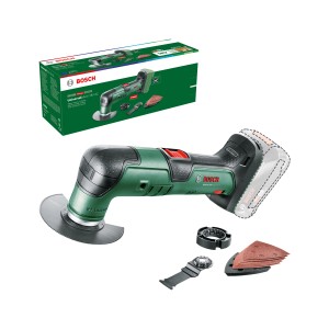 Bosch Universal 18 V-32 Akku-Multifunktionswerkzeug (ohne Akku) mit Zubehör und Produktverpackung.