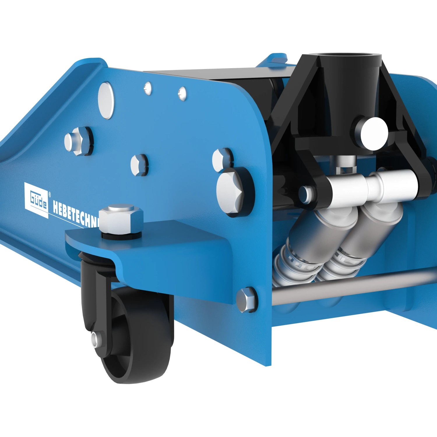 Blauer Güde Rangierwagenheber GRH 2,5/510 L (2,5 t) mit Rollen und Doppelzylinder.