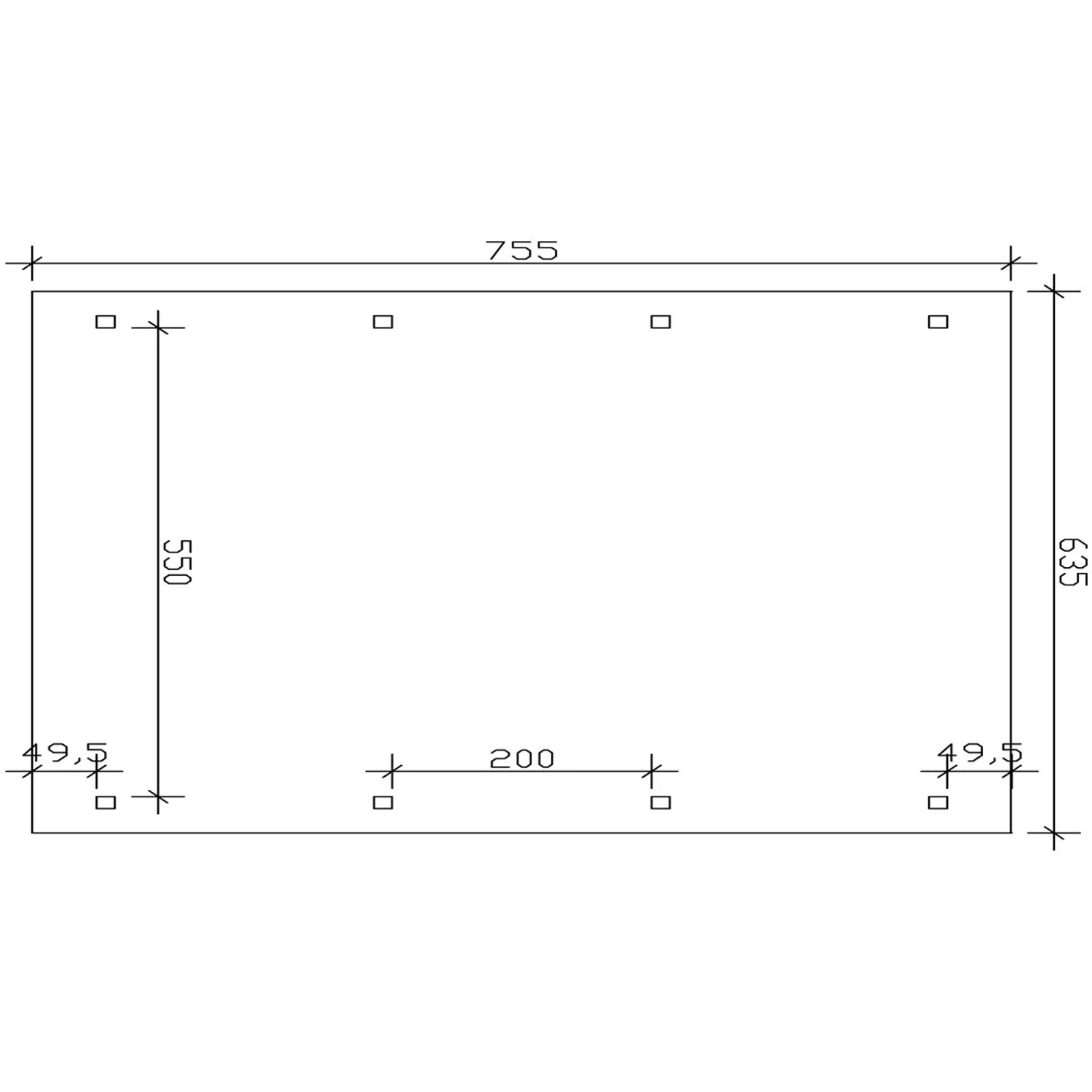 Skizze des Skan Holz Bogendach-Carport Franken, Nussbaum, 635 x 755 cm, mit Maßangaben.