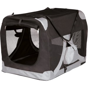 Jollypaw Mobile Kennel: Faltbare Hundetransportbox in Schwarz-Grau, 50x50x70 cm, mit Netzfenstern.