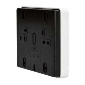 Rückseite des weißen Schneider Electric Wiser Hub 2. Generation CCT501801 für Hausautomation.