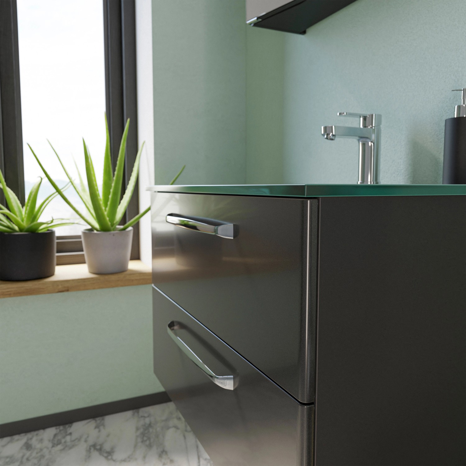 Pelipal Waschbeckenunterschrank Trentino, Anthrazit Hochglanz, 75 cm breit, mit zwei Schubladen und Griffen.