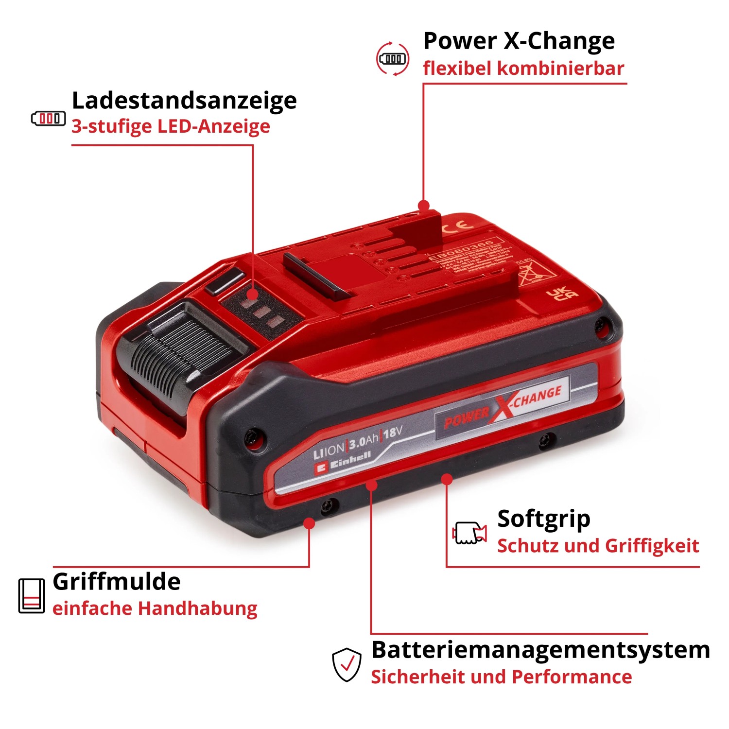 Einhell Power X-Change Akku 18 V 3 Ah PXC Plus, rot/schwarz, für Elektrowerkzeuge.