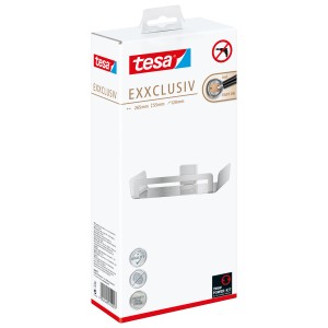Verpackung der Tesa Duschablage Exxclusiv in Edelstahloptik. Duschregal zur Wandmontage ohne Bohren.