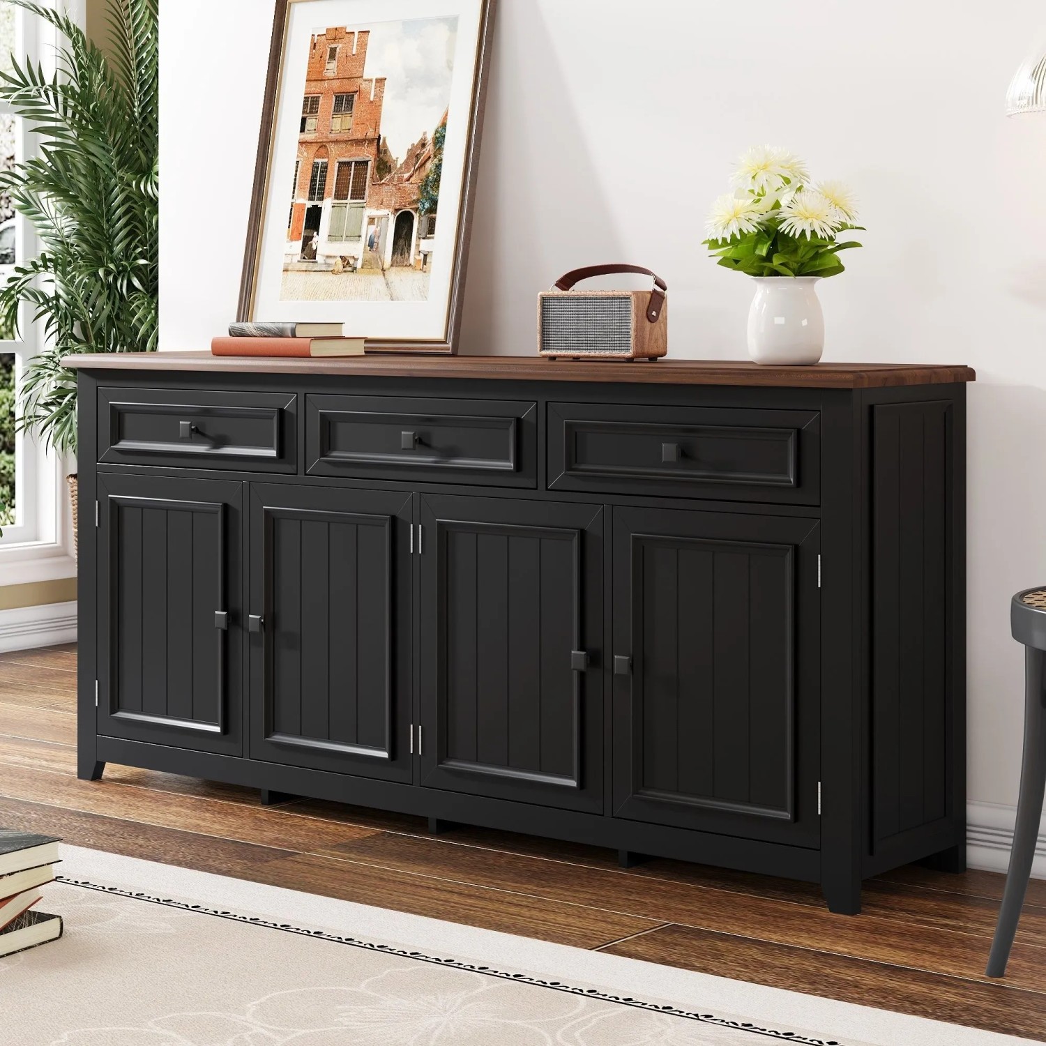okwish Sideboard mit Stauraum Wohnzimmer 160x35x76cm Schwarz_2