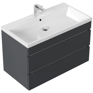 Posseik Badmöbel Felini 90, grafitfarbenes Badmöbel-Set mit grifflosen Schubladen und Mineralgusswaschbecken.