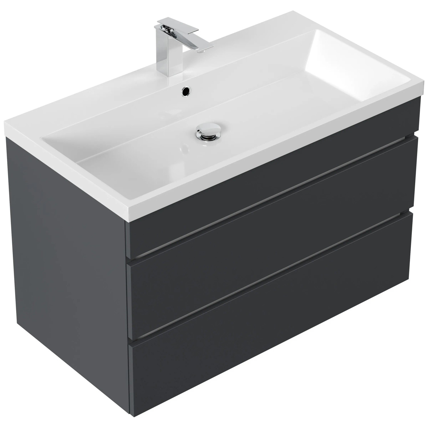 Posseik Badmöbel Felini 90, grafitfarbenes Badmöbel-Set mit grifflosen Schubladen und Mineralgusswaschbecken.