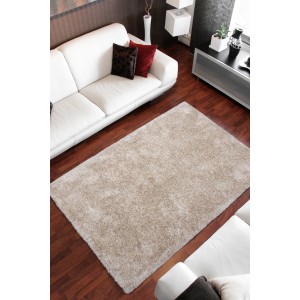 Sandfarbener Hochflorteppich Lara, 160x230 cm, im Wohnzimmer.