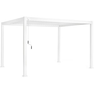 Weiße Bizzotto Pergola Ocean, 400x300 cm, mit Lamellendach und Handkurbel. Ideal als Terrassenüberdachung.