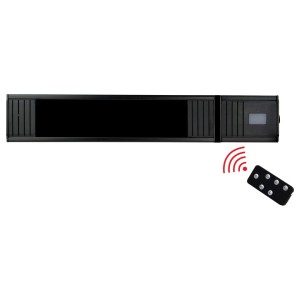 Schwarzer Heizstrahler Infrae 1500 W mit Glasabdeckung und Fernbedienung.