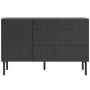Selsey Sideboard Nolie in Schwarz mit geriffelter Tür, drei Schubladen und Holzbeinen. Modernes Japandi-Möbelstück.