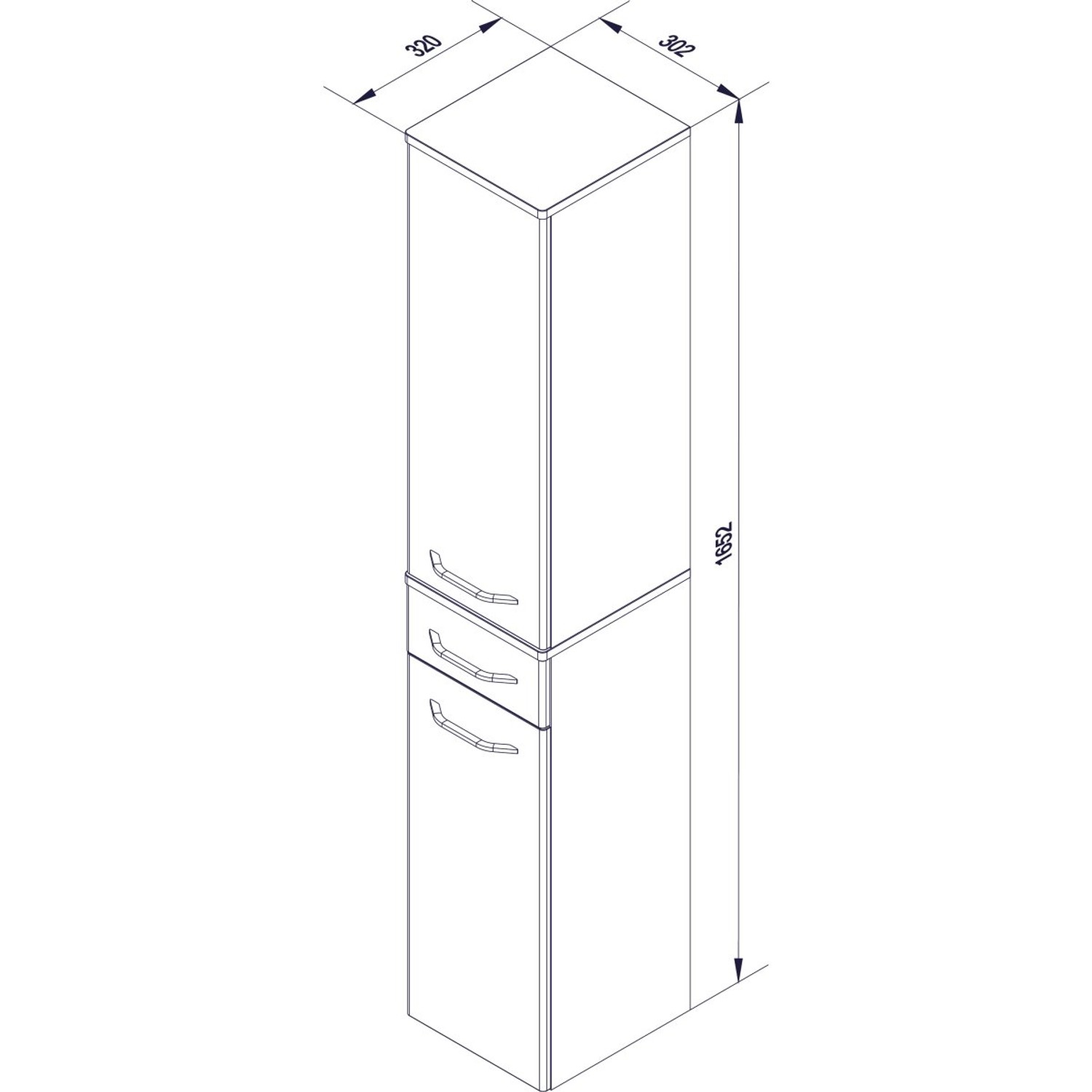 Skizze des Fackelmann Bad-Hochschranks Milano Asteiche, 30 cm breit, mit Schublade und Stauraum.