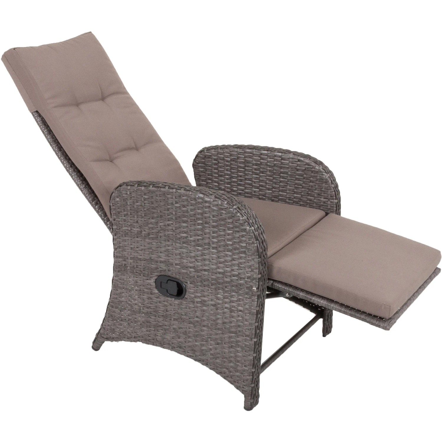 Grauer Relaxsessel Salerno (2er-Set) mit verstellbarer Rückenlehne und Fußteil aus Polyrattan.