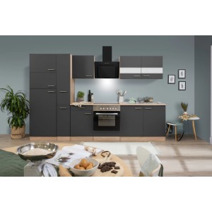 Respekta Küchenzeile KB300ESGCGKE, 300 cm, Grau-Eiche Sägerau Nachbildung mit E-Geräten.