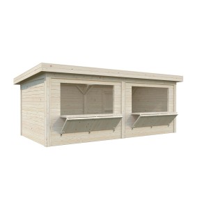 Palmako Marktstand Lenna Set 311, naturbelassen, mit zwei Verkaufsklappen und Holztür.