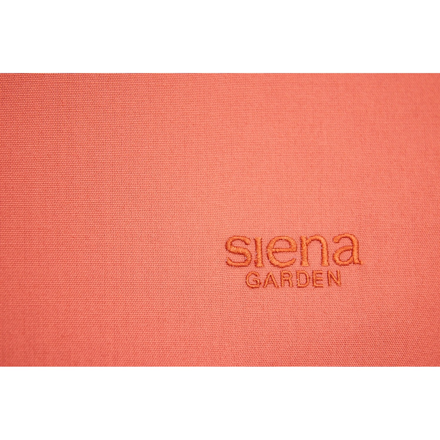 Detailaufnahme: Rote Siena Garden Schaukelliege Aliano, Stoff mit Logo.