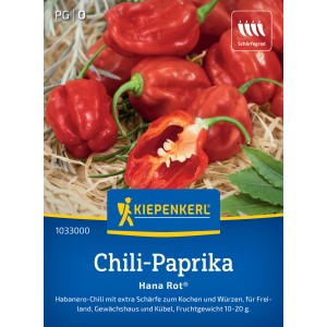 Kiepenkerl Chili-Paprika Hana Rot F1-Hybride, scharfe, rote Früchte auf Samenpackung.