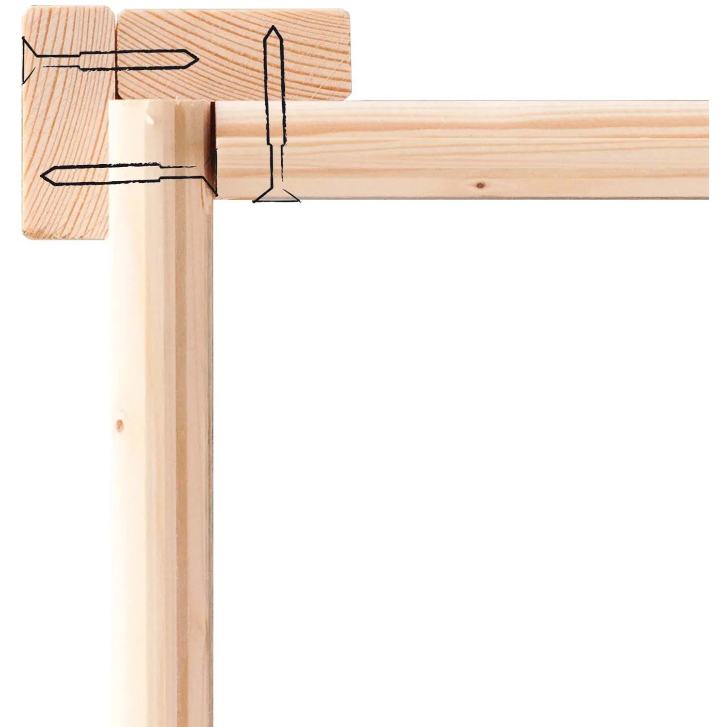 Detailaufnahme der Eckverbindung eines unbehandelten Karibu Holz-Gartenhauses mit Schrauben.