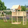 Karibu Spielturm Lotti mit Doppelschaukel, Klettergerüst und Kletterwand im Garten.